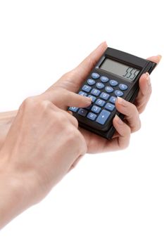 Calculator in feminine hand insulated on white background