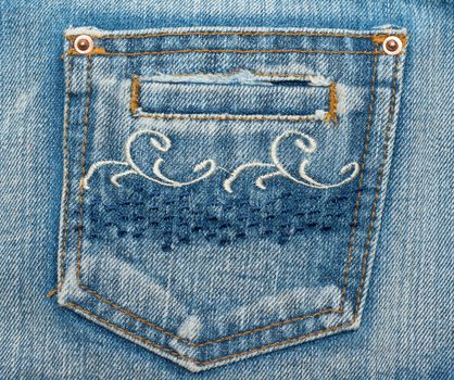 Jeans pocket, embroider pattern on fabrics, rivets and sewing seams