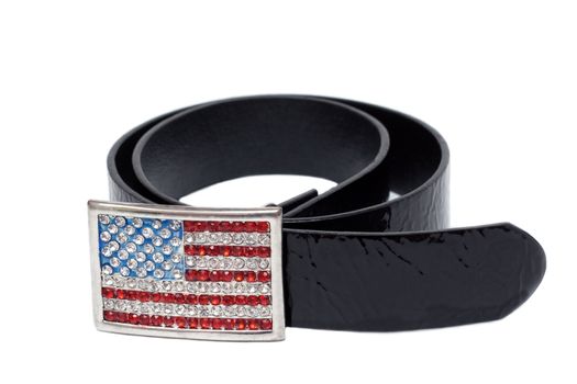 Black leather glossy belt with buckle in the manner of american flag