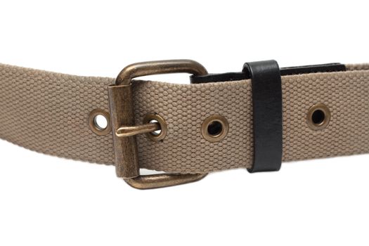 Cloth belt with iron buckle on white background