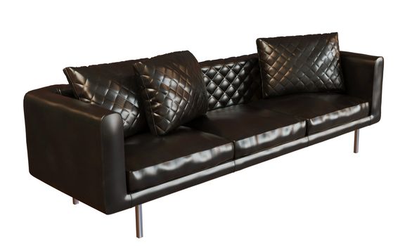 3D photorealistic image of a black leather three place sofa, isolated against a white background