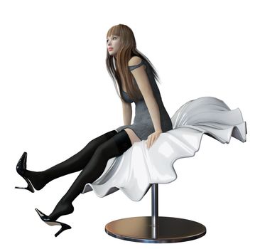 A sexy white woman, whit black high heels shoes, short skirt or robe and long hair, sitting in a futuristic plastic flowing sheet bench or chair, isolated against a white background.