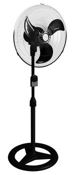 Black plastic and metal hi-tech fan 3D render, isolated against a white background
