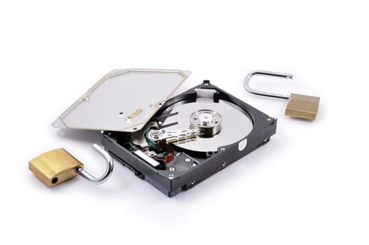 Hard disk protection broken on a white background with two padlocks