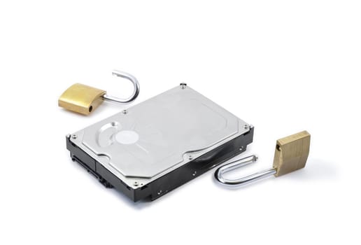 Hard disk protection broken on a white background with two padlocks opened