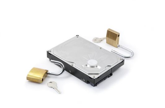 Hard disk protection broken on a white background with two padlocks opened and their keys