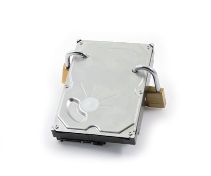 Hard disk front view with two locked padlocks on a white background