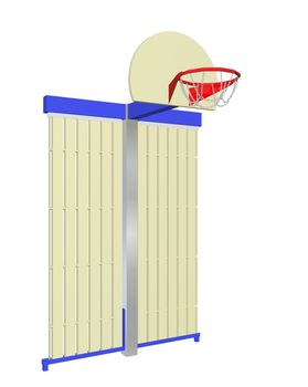 Red, blue and beige wall-mounted basketball goal with protective backing, isolated against a white background