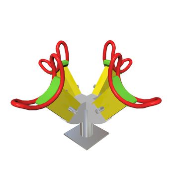 Red, green and yellow four-person children see-saw, 3D illustration, isolated against a white background