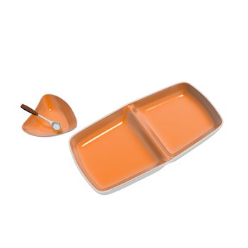 Orange ceramic serving dishes - heart shaped dish with serving spoon and divided rectangular dish, 3D illustration, isolated against a white background