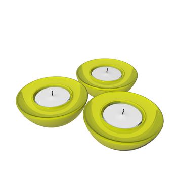 Yellow round ceramic candle holders, 3D illustration, isolated against a white background