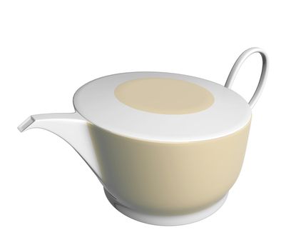 White and beige ceramic tea pot, 3D illustration, isolated against a white background