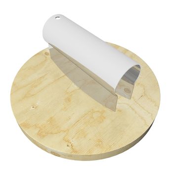 Stainless steel or plastic double dough cutter on a wooden cutting board, 3D illustration, isolated on a white background