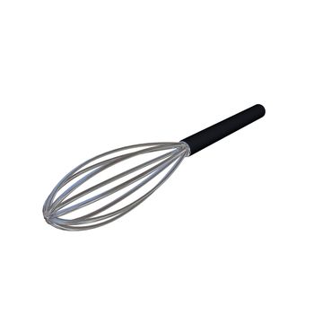 Stainless steel egg beater with black handle, 3D illustration, isolated against a white background