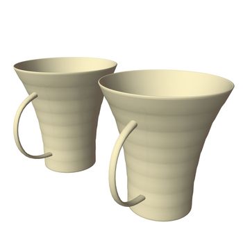 Cream colored ceramic mugs, 3D illustration, isolated against a white background