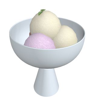 Three scoops of ice cream served on an silver ice cream bowl, 3D illustration, isolated against a white background
