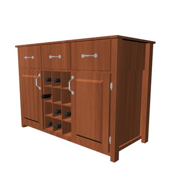 Classic wooden cabinet with wine rack, 3D illustration, isolated against a white background