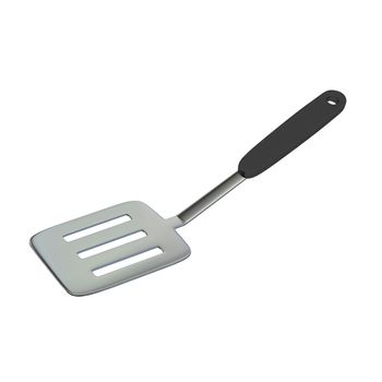 Stainless steel frying laddle with dark grey handle, 3D illustration, isolated against a white background