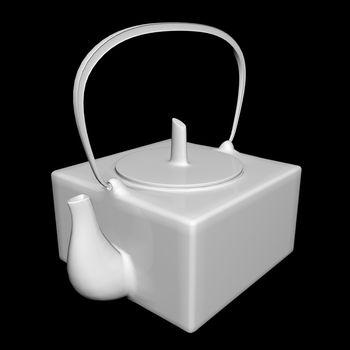White ceramic tea kettle, 3D illustration, isolated against a black background