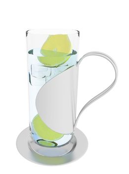 Ice cold glass of lemonade, lemon juice or water, 3d illustration, isolated against a white background. In a modern grey stainless steel handle and bottom glass.