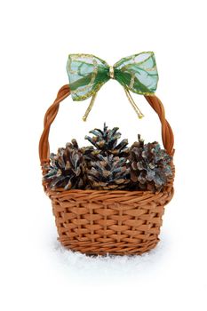 Basket with pine cones on a white background
