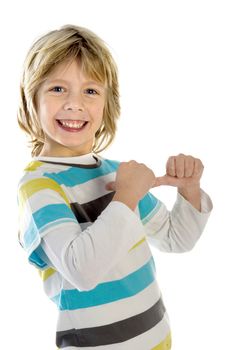 a boy pointing to himself on a white background