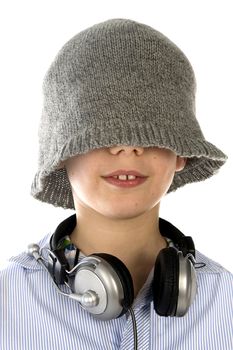 a tough boy with a cap and a headphone on a white background