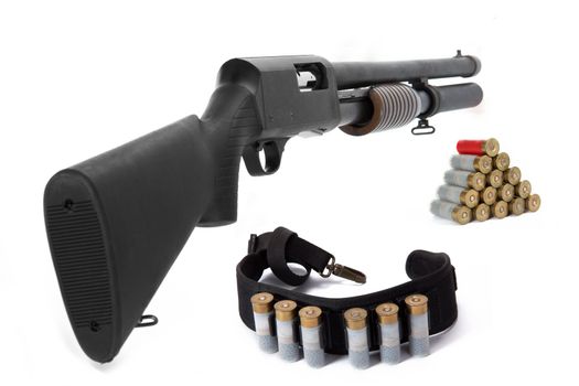 Image of a hunting rifle and ammunition on white background