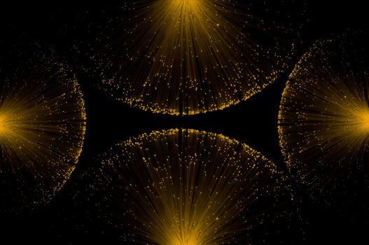 Four groups of illuminated golden fibre optic light strands eminating from each edge of the image against a black background.