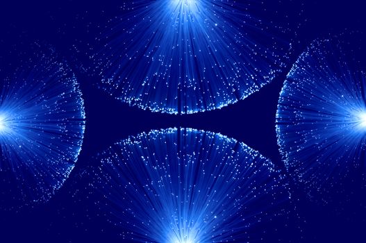 Four groups of illuminated blue fibre optic light strands eminating from each edge of the image against a blue background.