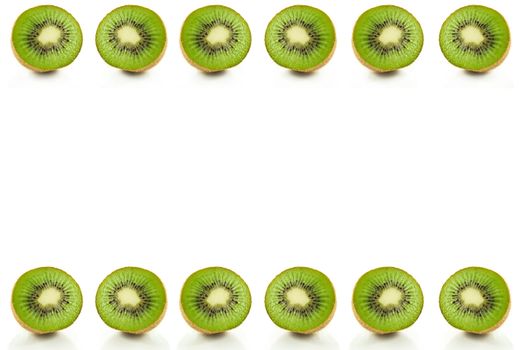 Six small kiwi fruit halves arranged in a horizontal line along the bottom and top of the image and over white.