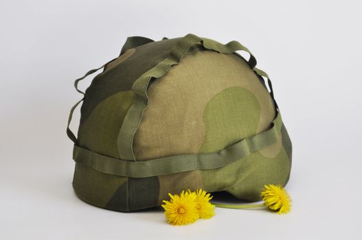 a couple of flowers in a helmet