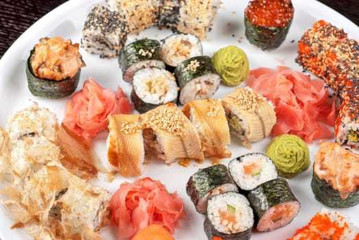 view of closeup japanese sushi set at plate