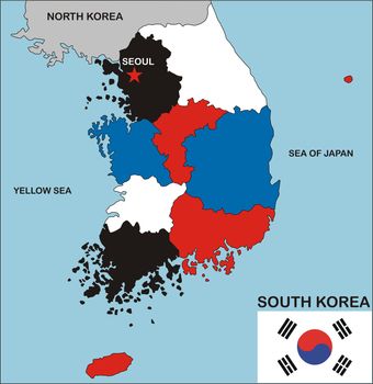 political map of south korea country with neighbors and national flag