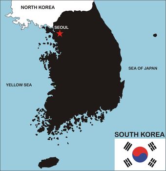 political map of south korea country with neighbors and national flag