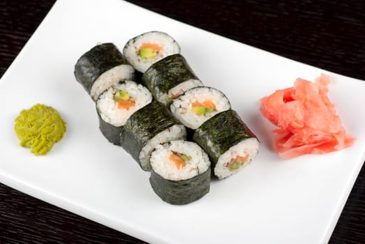 Hokkaido maki: sushi rool of avocado, nori, salmon