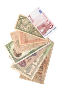 Bills of the money are put by semicircle on white background, ten euro