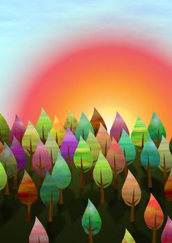 Illustration of a sunset with a forest foreground