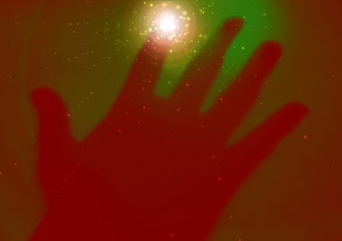 Illustration of a hand touching the screen with sparkles coming from the contact point