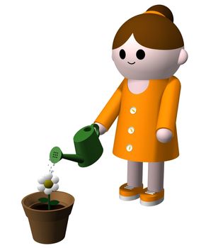 3D illustration of a girl watering a flower