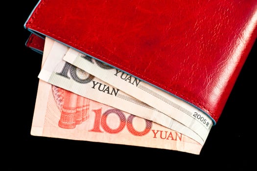 Italian leather wallet with Chinese money, useful for concepts