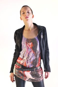 Modern looking young woman in colourful shirt and leather