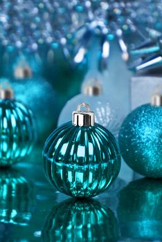 Blue christmas ornaments with star background