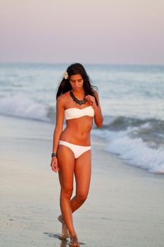 View of a beautiful young girl with a bikini standing on the shore.