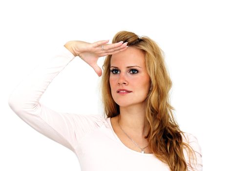 portrait of young girl lookin away over white background