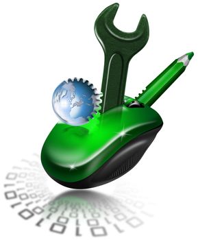 Illustration with mouse and green pencil, wrench, gear-shaped world and binary code