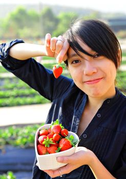 happy woman pick strawberry