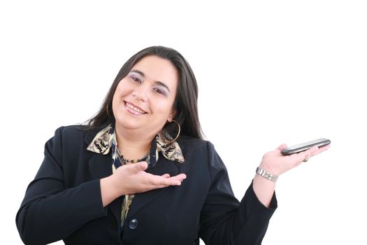 business woman presenting something on hand isolated on white