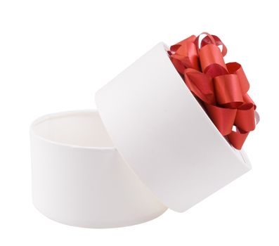 Open round white gift box with a red bow