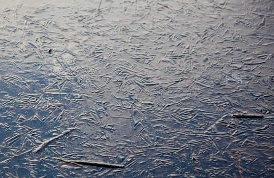 Frozen ice on lake with small twigs in the surface and cracks and shapes